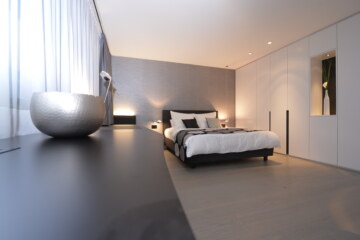 Sleeping area in one of the suite hotel rooms in Munich.