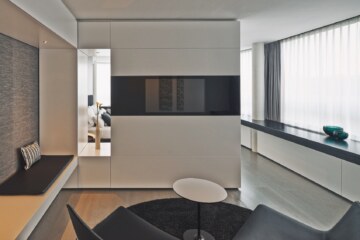 Living area in one of the modern suite hotel rooms in Munich.